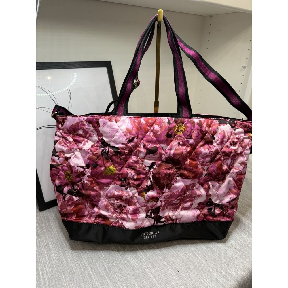 Victorias Secret Large Pink Quilted Rose Floral Tote Weekend Travel Shoulder Bag